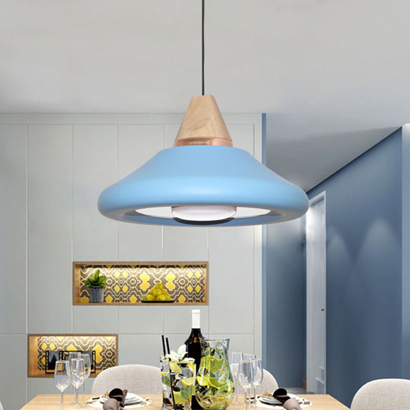 Macaron Wide Flare Down Lighting Metal 1 Bulb Pendant Light Fixture in Blue/Green with Wood Cap