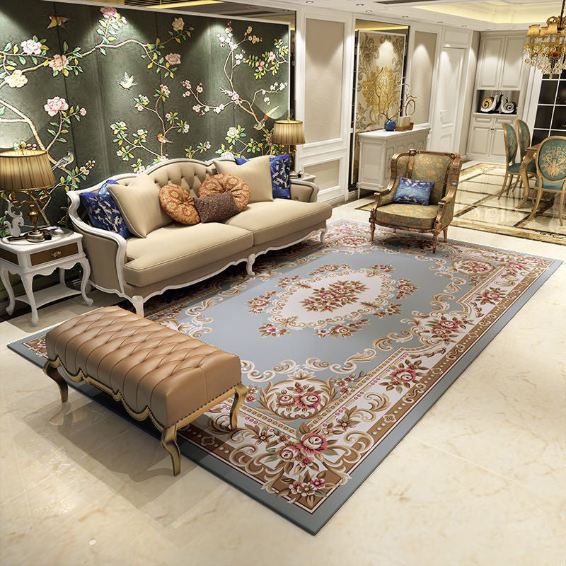 Light Color European Floral Print Rug Polyester Luxe Carpet Non-Slip Backing Rug for Living Room