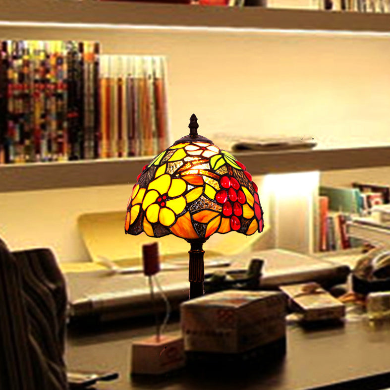 Stained Glass Red Table Light Flower and Grapes Pattern 1 Head Tiffany Night Stand Lamp