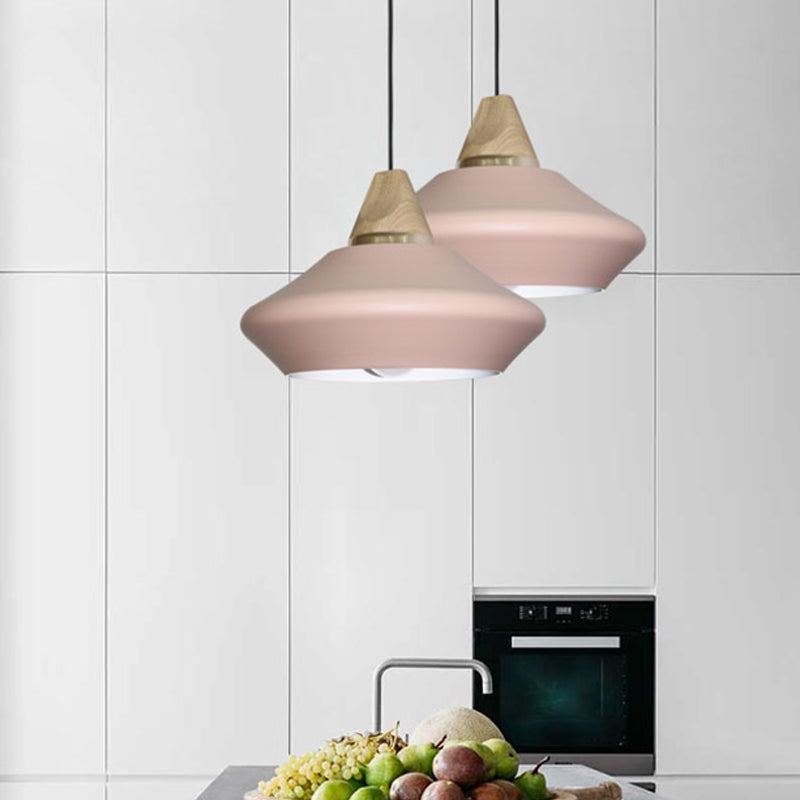 Hat Ceiling Lamp Contemporary Metal 1 Head Pink/Coffee Pendant Light Fixture with Wood Cap