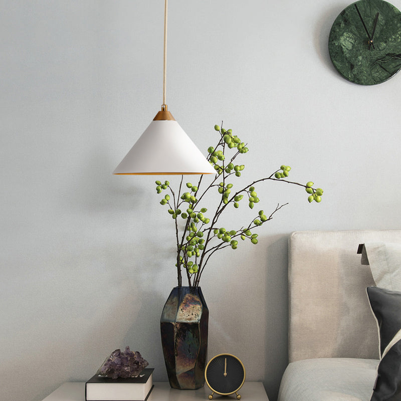 White Conical Ceiling Lighting Modernism 1 Bulb Metal Pendant Light Fixture for Living Room