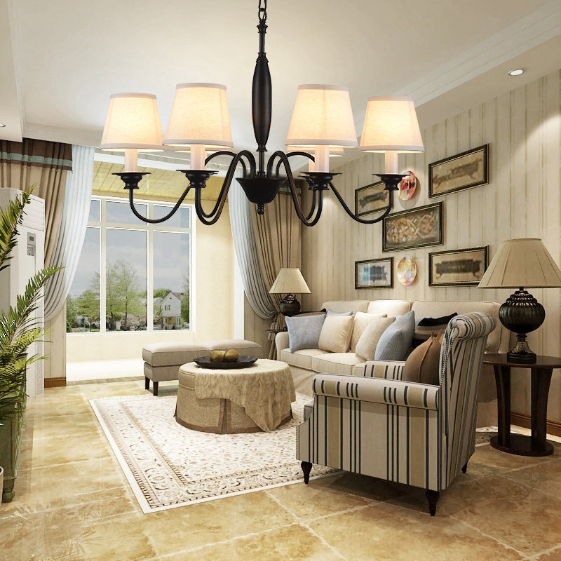 Sputnik Metal Chandelier Lighting Modernist 6/8 Heads Hanging Ceiling Lamp in Black with Cone Fabric Shade