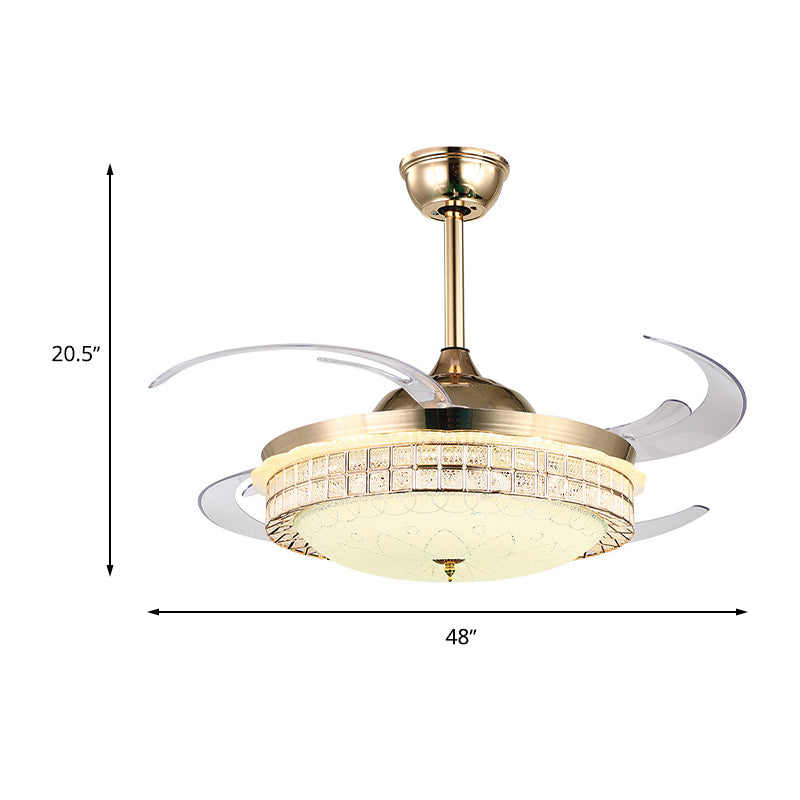 GOLD-Finish Semi Flush Light mit Lüfter Moderne LED 8-Blatt 6-Wind-Geschwindigkeit Downrod Deckenventilator mit Kuppel Acrylschatten