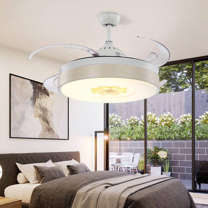 Moderne Style -Trommelform LED -Deckenlüfter 6 Windgeschwindigkeit 8 Reversible Blatt Acryl weiße Halbflush Mount Light