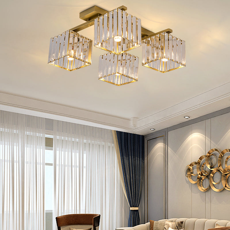 Modern Square Semi Flush Mount Tri-Sided Crystal Rod 4/6/9 Lights Living Room Ceiling Fixture in Gold/Black