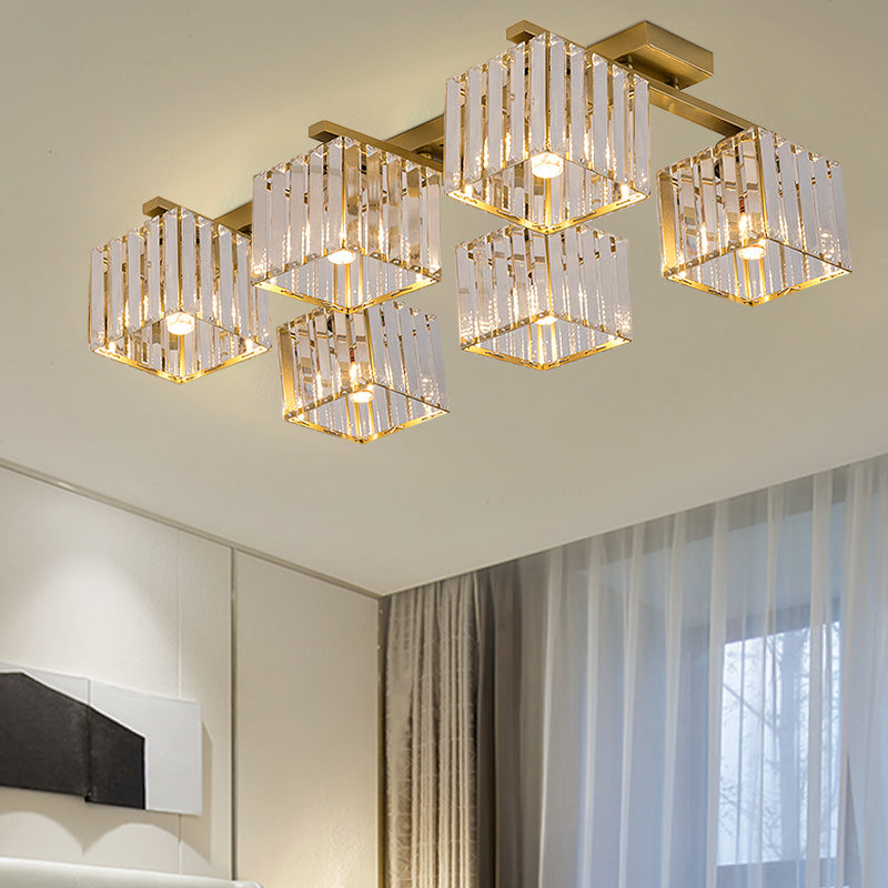 Modern Square Semi Flush Mount Tri-Sided Crystal Rod 4/6/9 Lights Living Room Ceiling Fixture in Gold/Black