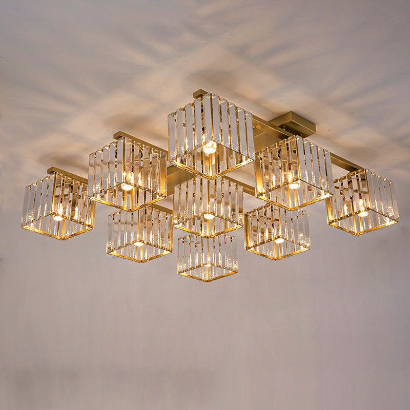 Modern Square Semi Flush Mount Tri-Sided Crystal Rod 4/6/9 Lights Living Room Ceiling Fixture in Gold/Black