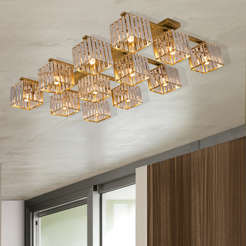 Modern Square Semi Flush Mount Tri-Sided Crystal Rod 4/6/9 Lights Living Room Ceiling Fixture in Gold/Black