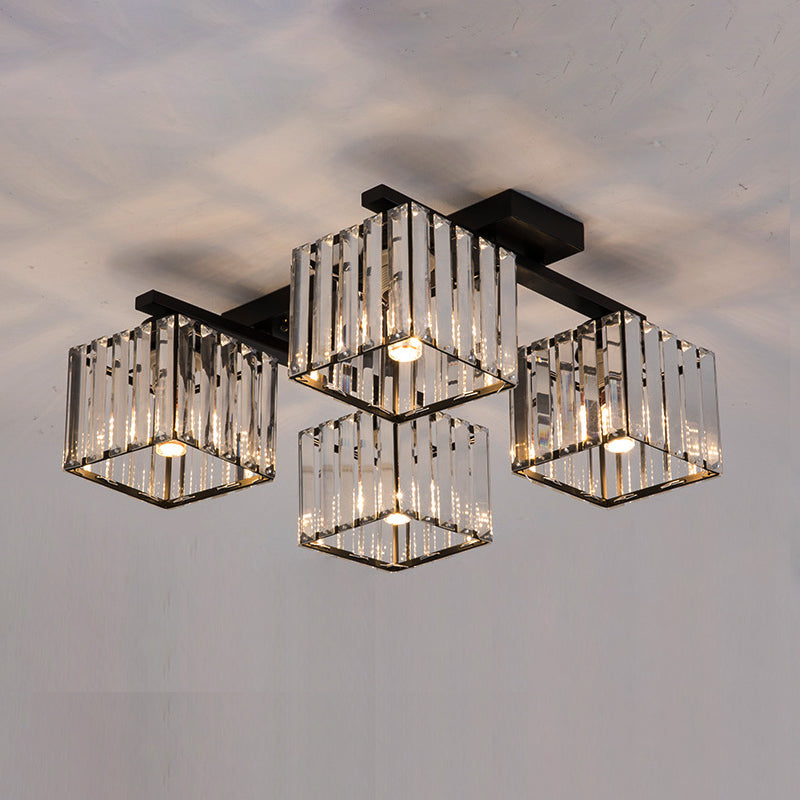 Modern Square Semi Flush Mount Tri-Sided Crystal Rod 4/6/9 Lights Living Room Ceiling Fixture in Gold/Black