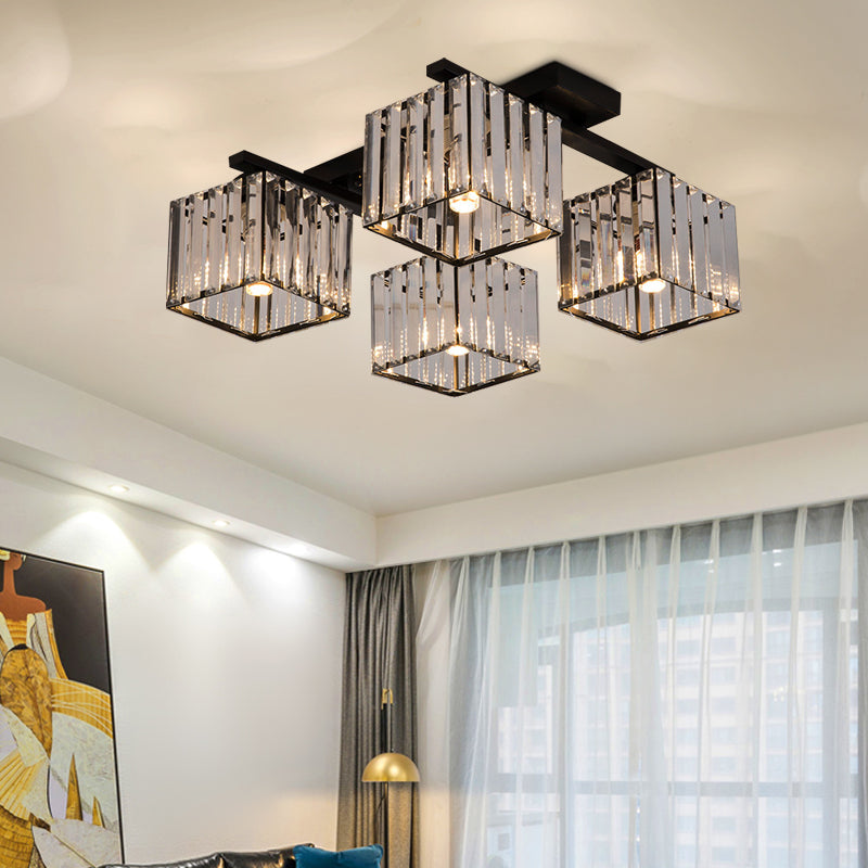 Modern Square Semi Flush Mount Tri-Sided Crystal Rod 4/6/9 Lights Living Room Ceiling Fixture in Gold/Black