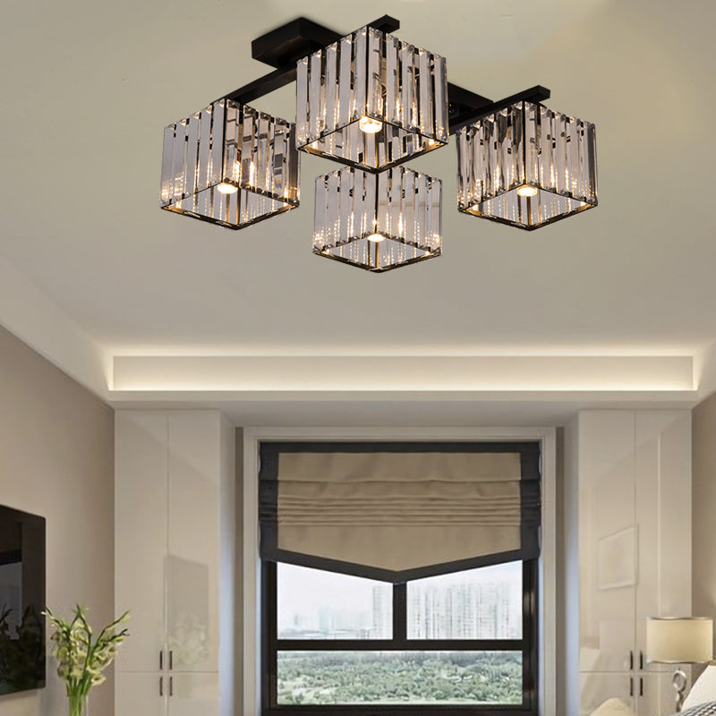Modern Square Semi Flush Mount Tri-Sided Crystal Rod 4/6/9 Lights Living Room Ceiling Fixture in Gold/Black