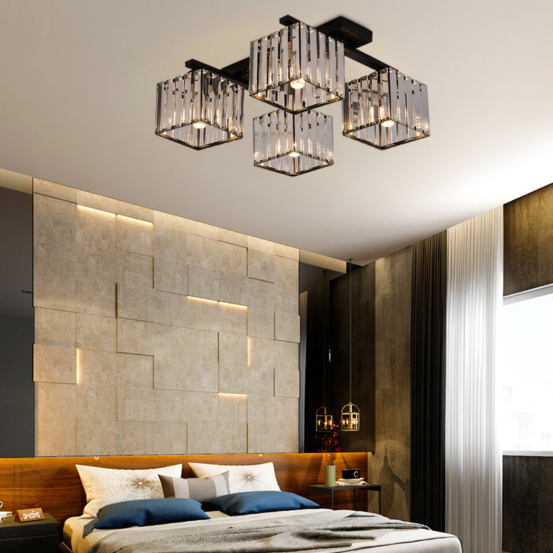 Modern Square Semi Flush Mount Tri-Sided Crystal Rod 4/6/9 Lights Living Room Ceiling Fixture in Gold/Black