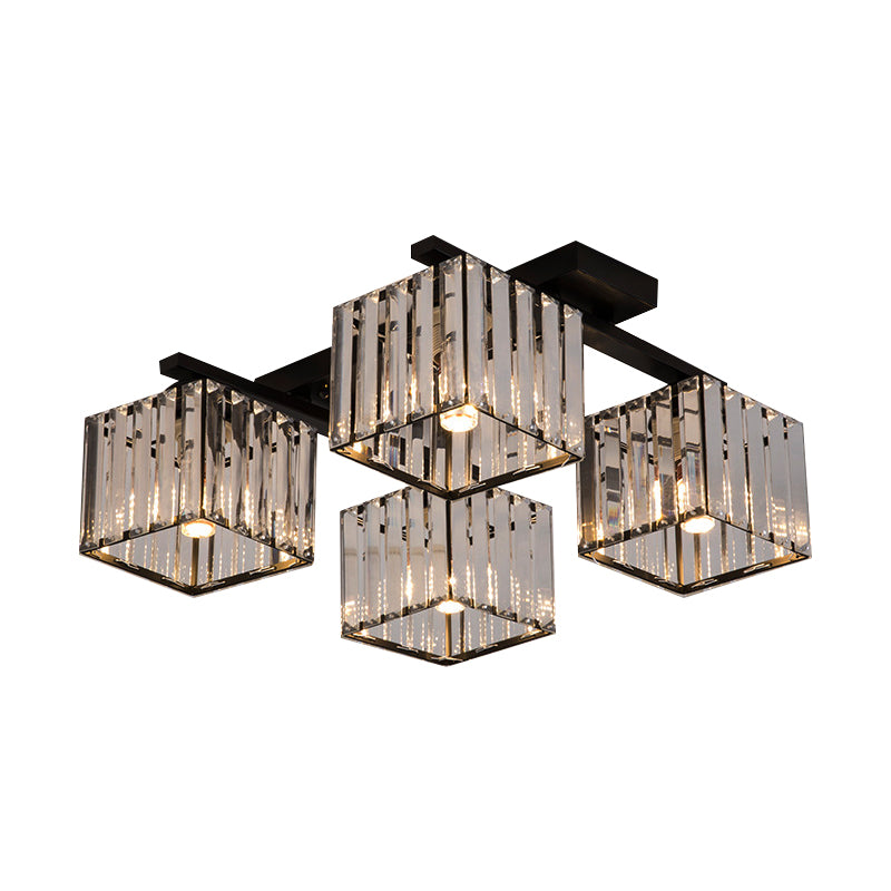 Modern Square Semi Flush Mount Tri-Sided Crystal Rod 4/6/9 Lights Living Room Ceiling Fixture in Gold/Black