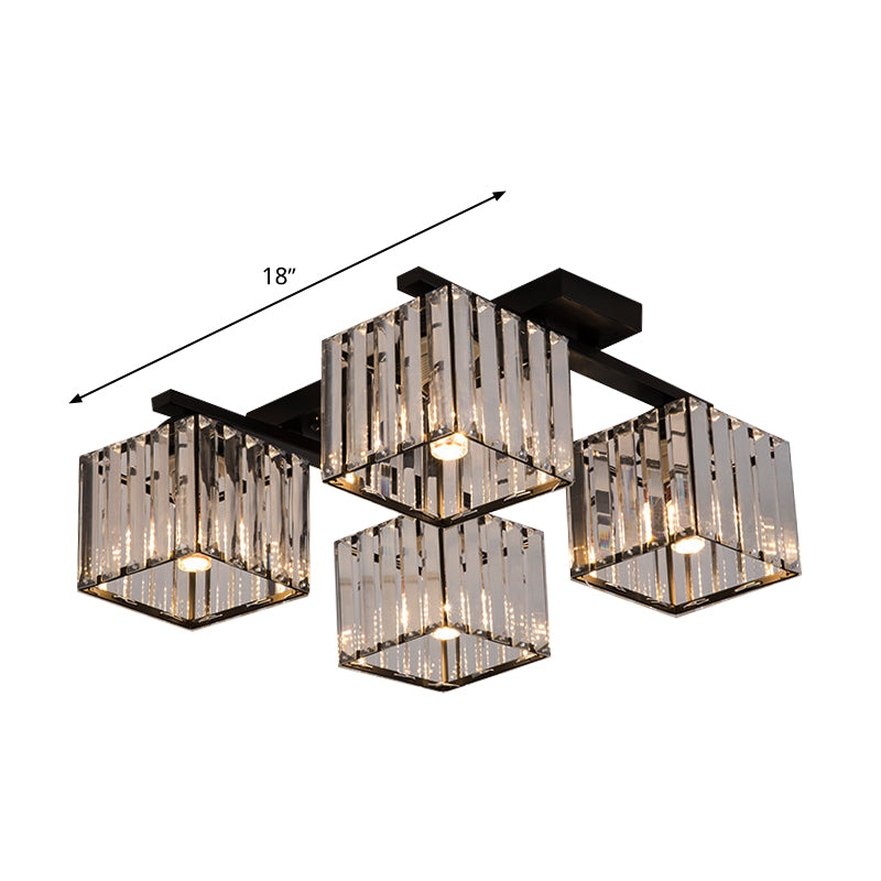 Modern Square Semi Flush Mount Tri-Sided Crystal Rod 4/6/9 Lights Living Room Ceiling Fixture in Gold/Black