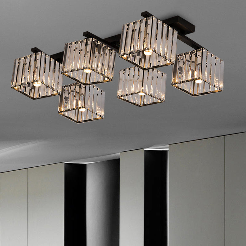 Modern Square Semi Flush Mount Tri-Sided Crystal Rod 4/6/9 Lights Living Room Ceiling Fixture in Gold/Black