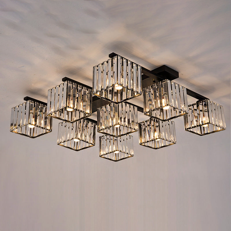 Modern Square Semi Flush Mount Tri-Sided Crystal Rod 4/6/9 Lights Living Room Ceiling Fixture in Gold/Black