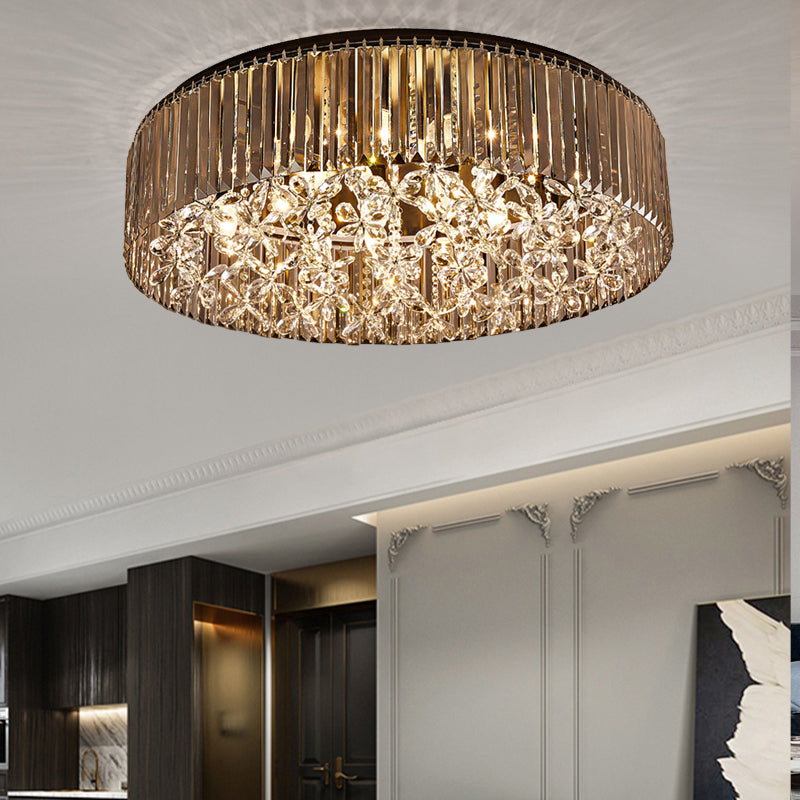 Black Round Flush Mount Light Contemporary 4 Heads Tri-Sided Crystal Rod Ceiling Light in White Light