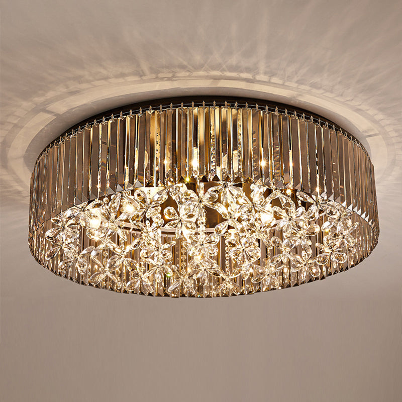 Black Round Flush Mount Light Contemporary 4 Heads Tri-Sided Crystal Rod Ceiling Light in White Light