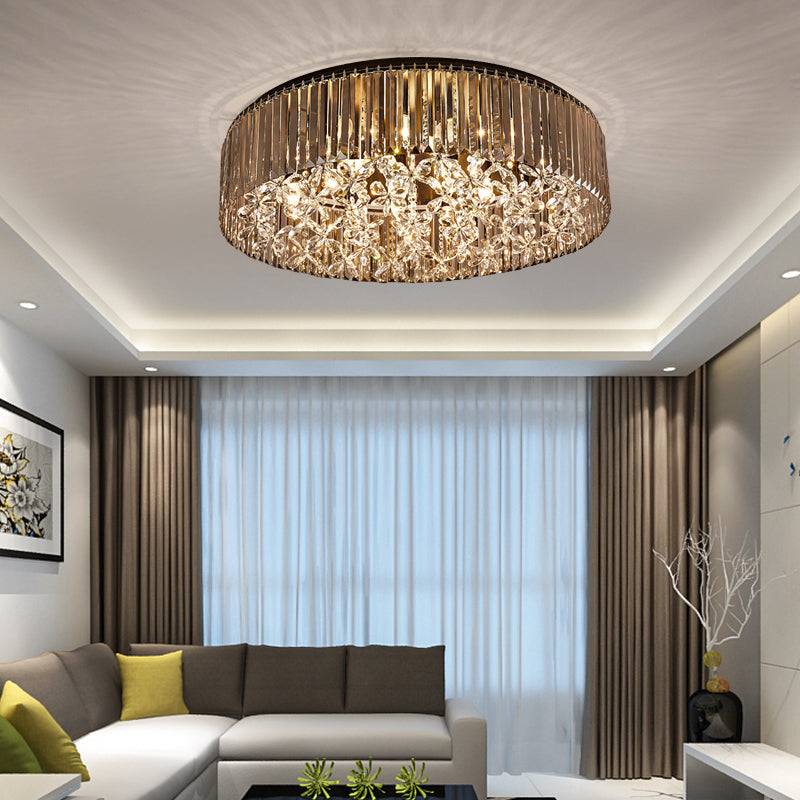 Black Round Flush Mount Light Contemporary 4 Heads Tri-Sided Crystal Rod Ceiling Light in White Light