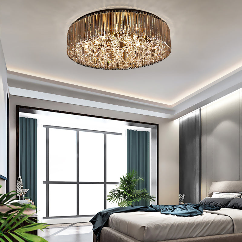 Black Round Flush Mount Light Contemporary 4 Heads Tri-Sided Crystal Rod Ceiling Light in White Light