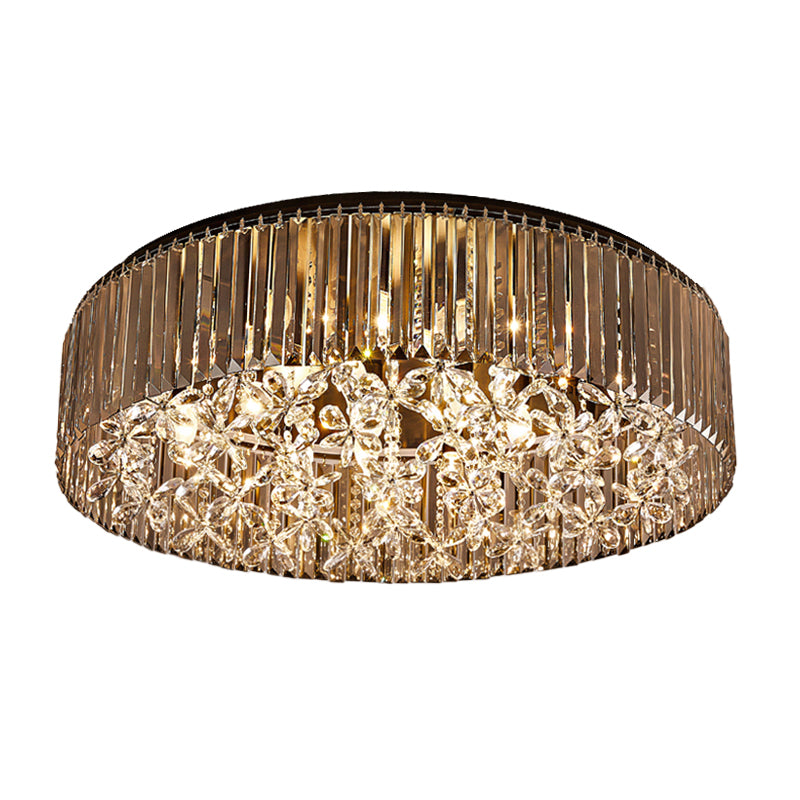 Black Round Flush Mount Light Contemporary 4 Heads Tri-Sided Crystal Rod Ceiling Light in White Light