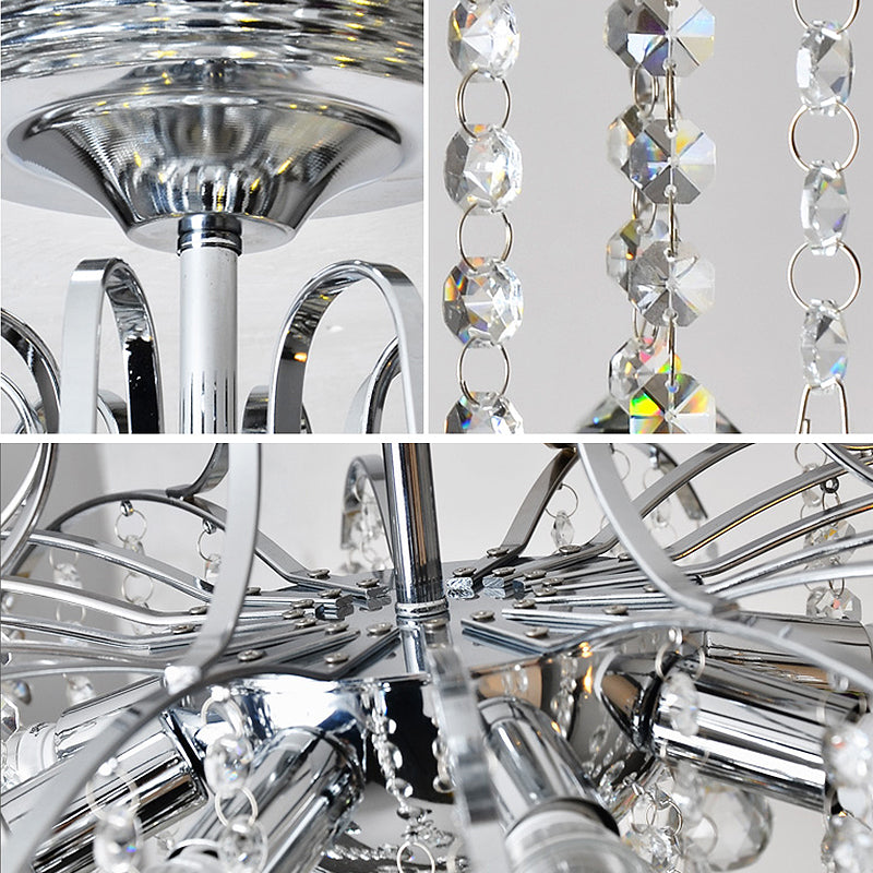 Style simple plafonnier en cascade Crystal Ball 8 têtes Salon Semi Flush Light in Chrome