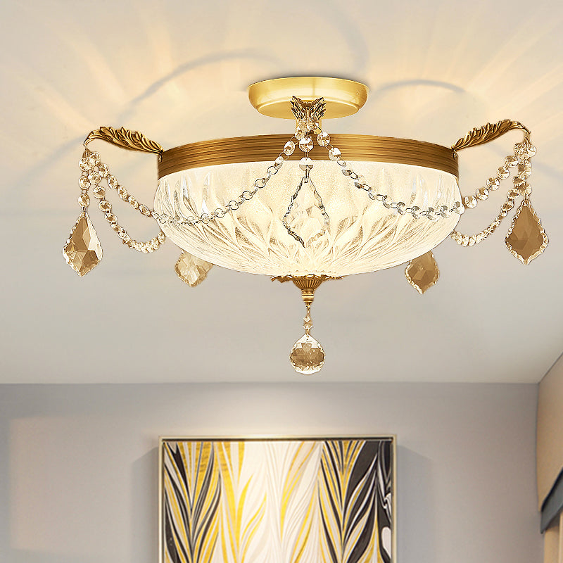 Brass Dome Ceiling Mounted Light Postmodern Crystal Semi Flush Light Fixture for Dining Room