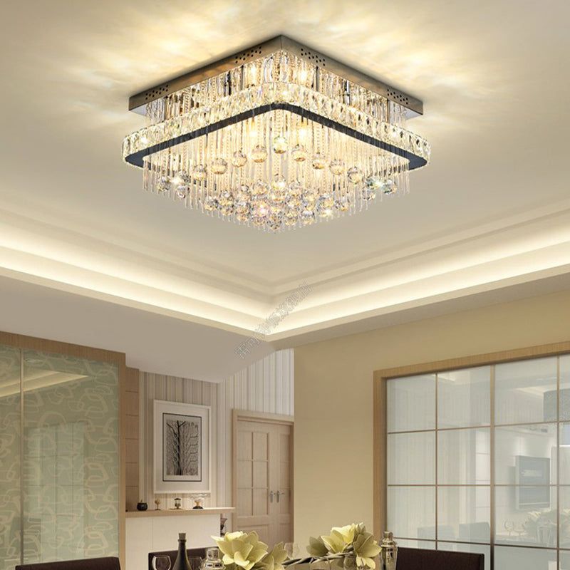 Square Crystal Block Ceiling Lighting Contemporary 8 Heads Nickel Flush Mount Lamp