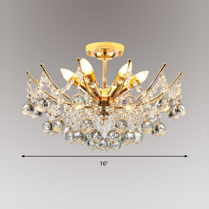 Plafonnier Cascade Boule de Cristal Postmoderne 4 Lumières Chrome/Clair/Cognac Semi-Encastré