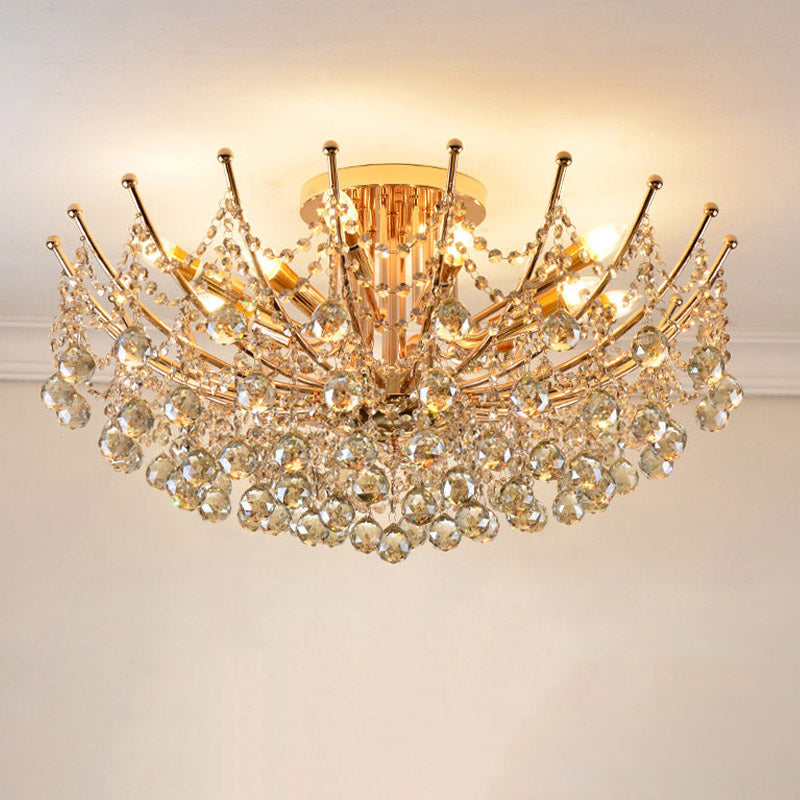 Plafonnier Cascade Boule de Cristal Postmoderne 4 Lumières Chrome/Clair/Cognac Semi-Encastré