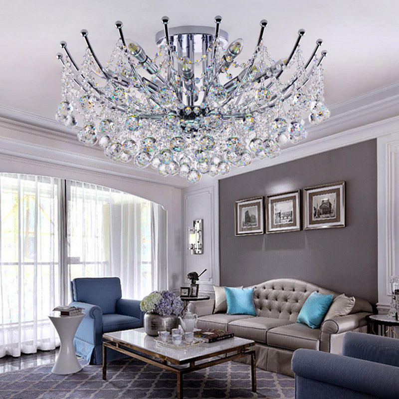 Plafonnier Cascade Boule de Cristal Postmoderne 4 Lumières Chrome/Clair/Cognac Semi-Encastré