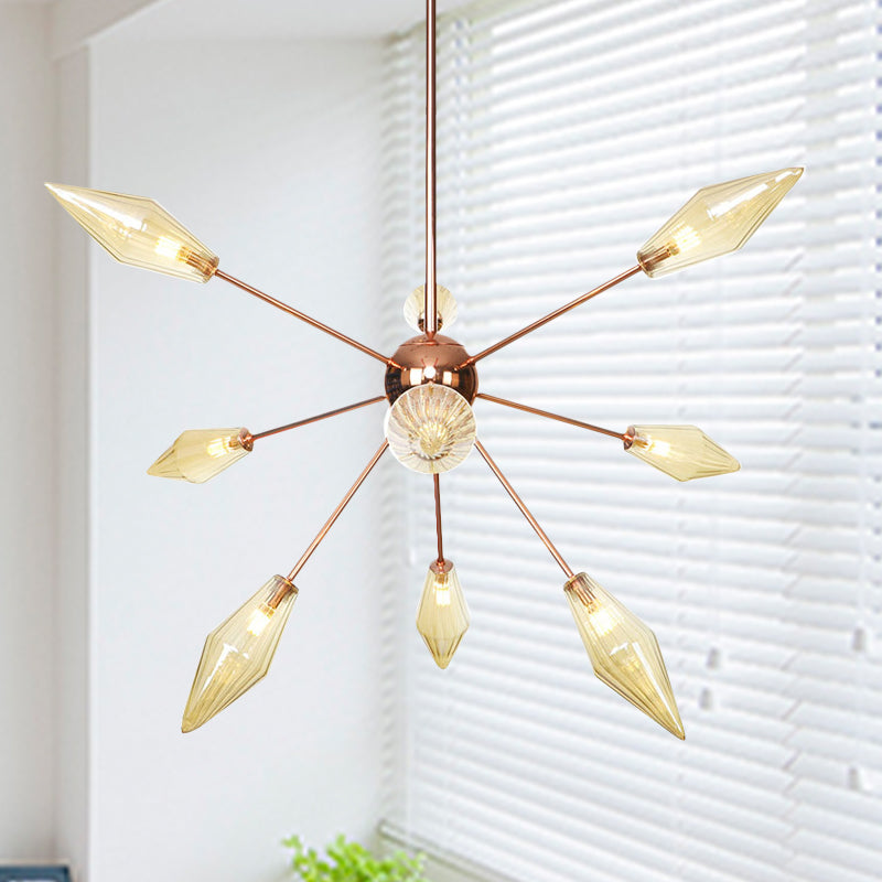 Industrial Diamond Amber/Clear Glass Chandelier Lamp 9/12/15 Lights Hanging Ceiling Fixture with Starburst Design