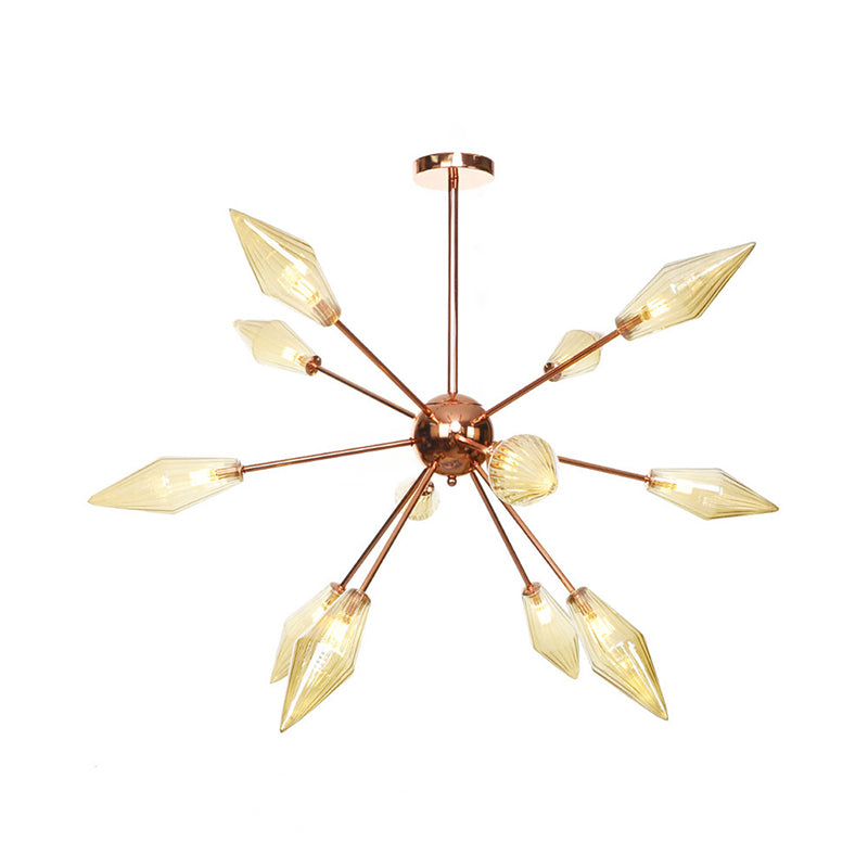 Industrial Diamond Amber/Clear Glass Chandelier Lamp 9/12/15 Lights Hanging Ceiling Fixture with Starburst Design