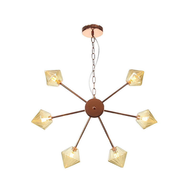 Diamond Shade Hanging Lighting Industrial Amber/Clear Glass 6/9/12 Heads Living Room Chandelier Lamp in Black/Brass/Copper