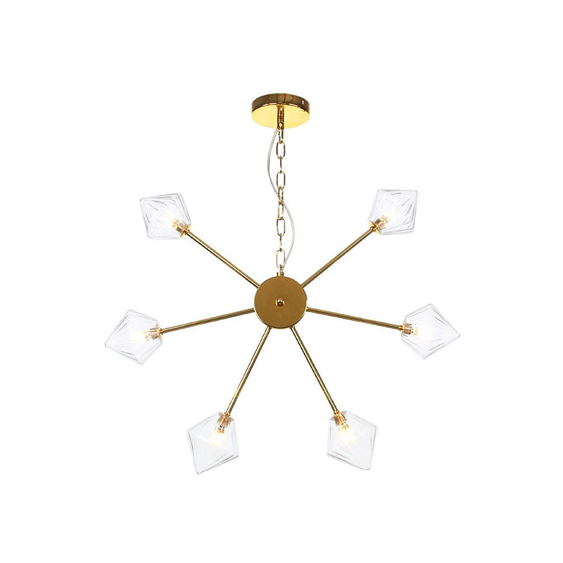 Diamond Shade Hanging Lighting Industrial Amber/Clear Glass 6/9/12 Heads Living Room Chandelier Lamp in Black/Brass/Copper
