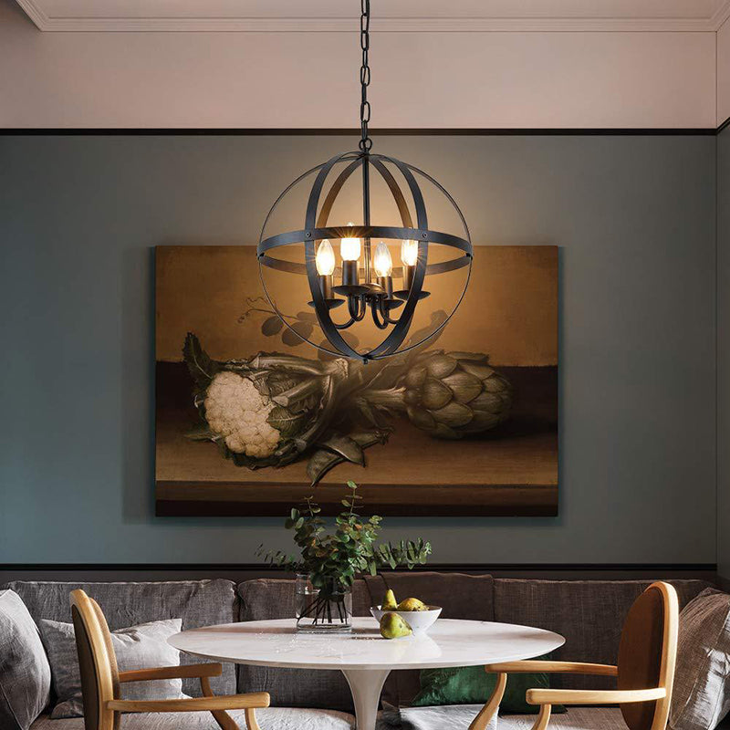 4 Bulbs Metal Ceiling Chandelier Vintage Black Globe Dining Room Pendant Lighting