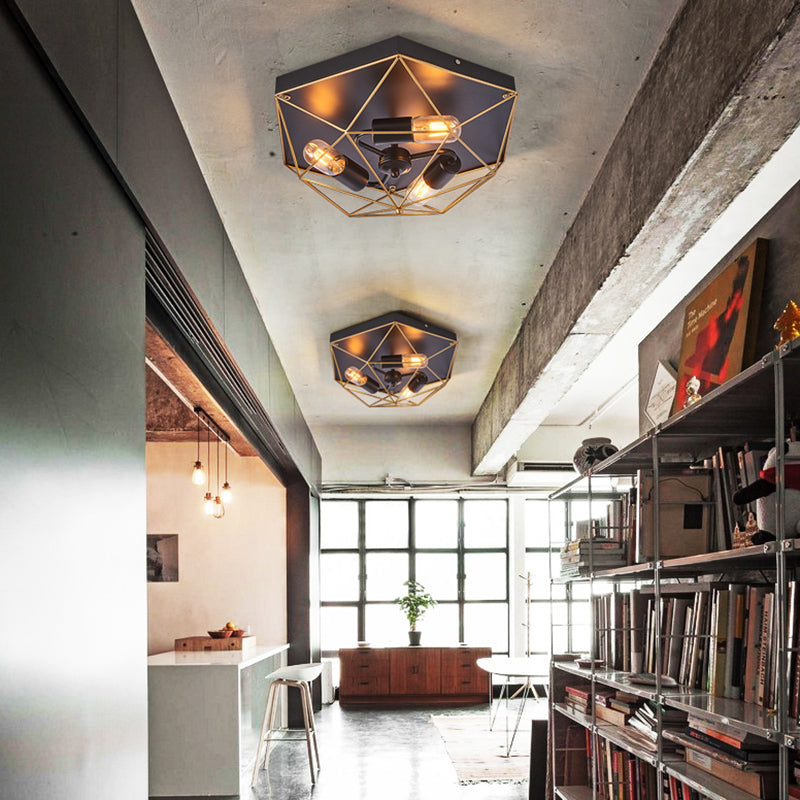 3 Lights Geometric Flush Mount Industrial Black Metal Flush Ceiling Light Fixture