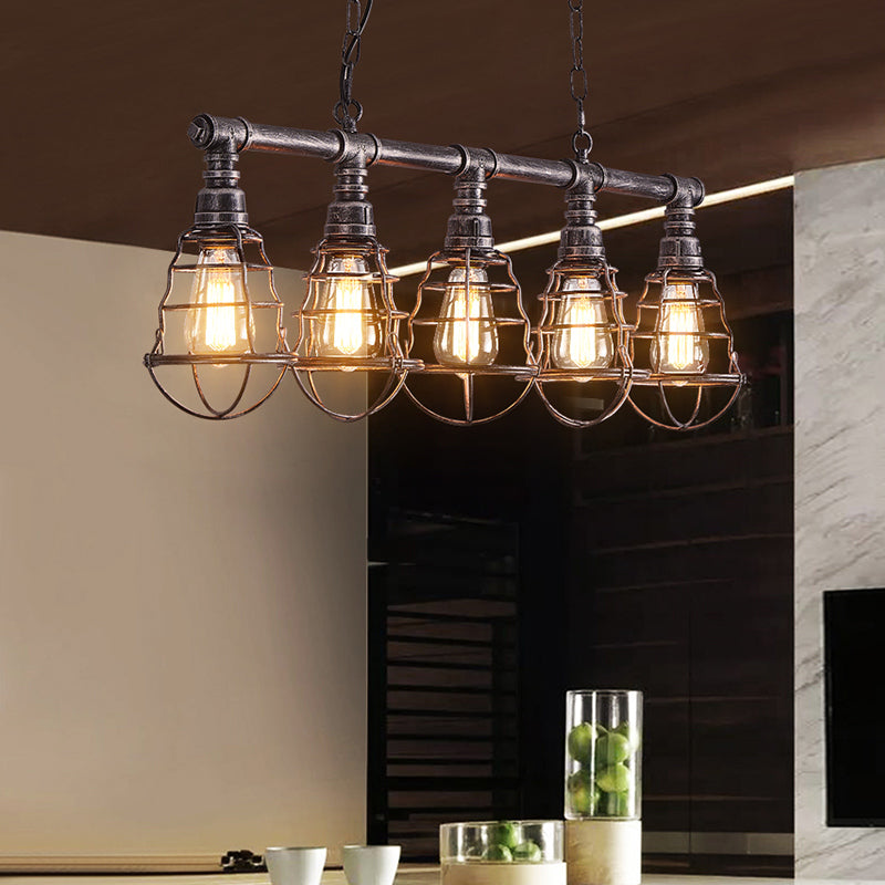 Metal Caged Island Lamp Vintage 5 Lights Dining Room Billiard Light in Aged Silver
