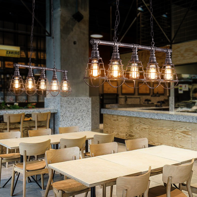 Metal Caged Island Lamp Vintage 5 Lights Dining Room Billiard Light in Aged Silver