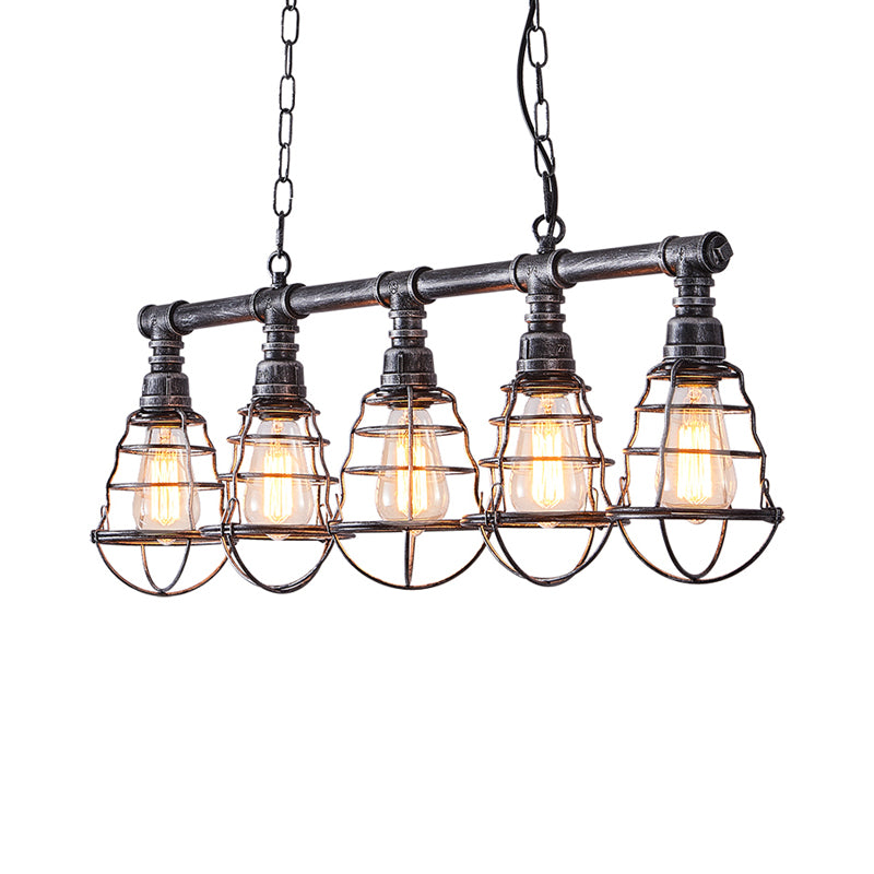 Metal Caged Island Lamp Vintage 5 Lights Dining Room Billiard Light in Aged Silver