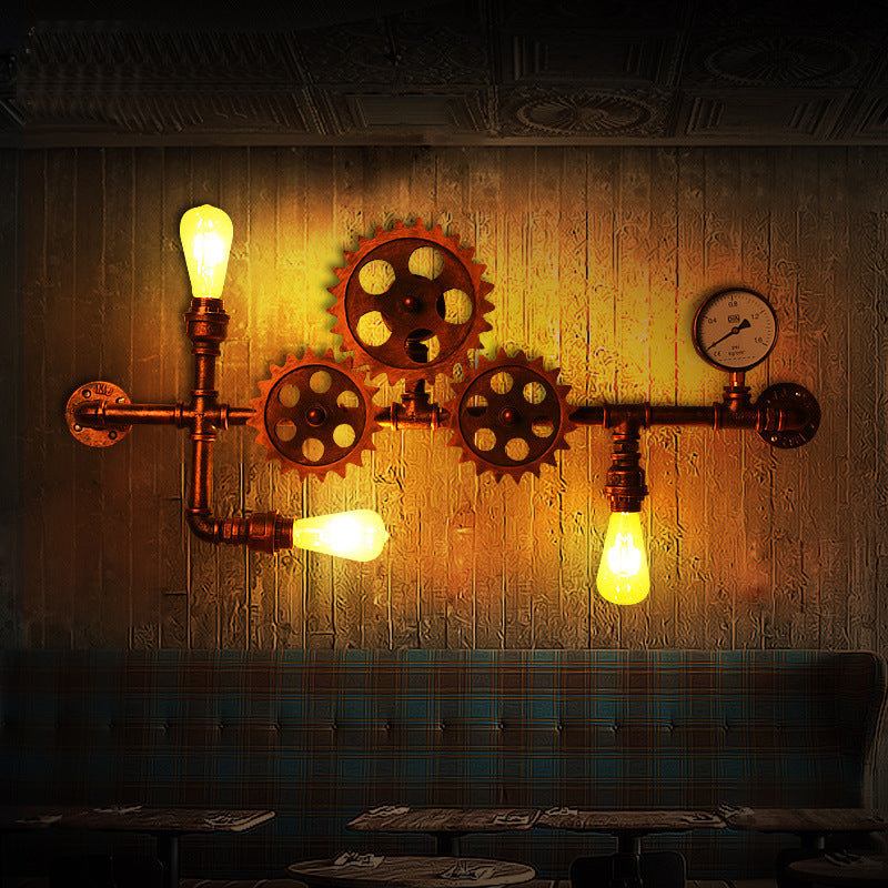 Industrial Open Bulb Wall Mounted Pipe Light 3 Lights Metal Sconce in Weathered Copper with Gear Design
