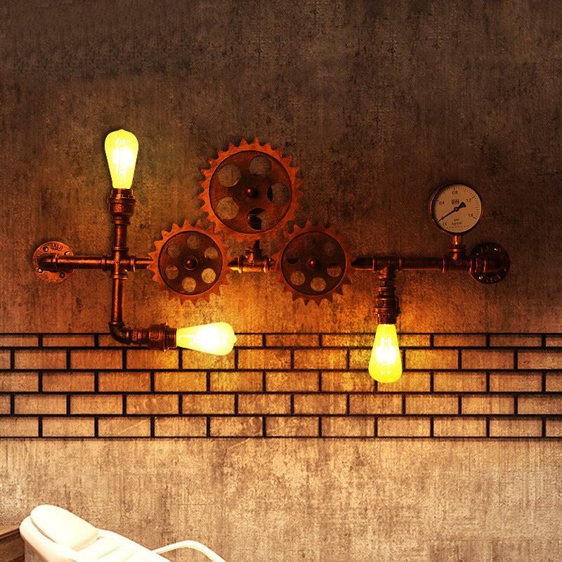 Industrial Open Bulb Wall Mounted Pipe Light 3 Lights Metal Sconce in Weathered Copper with Gear Design