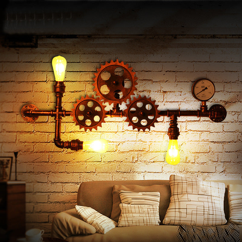 Industrial Open Bulb Wall Mounted Pipe Light 3 Lights Metal Sconce in Weathered Copper with Gear Design