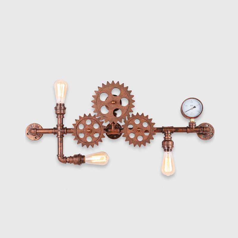 Industrial Open Bulb Wall Mounted Pipe Light 3 Lights Metal Sconce in Weathered Copper with Gear Design