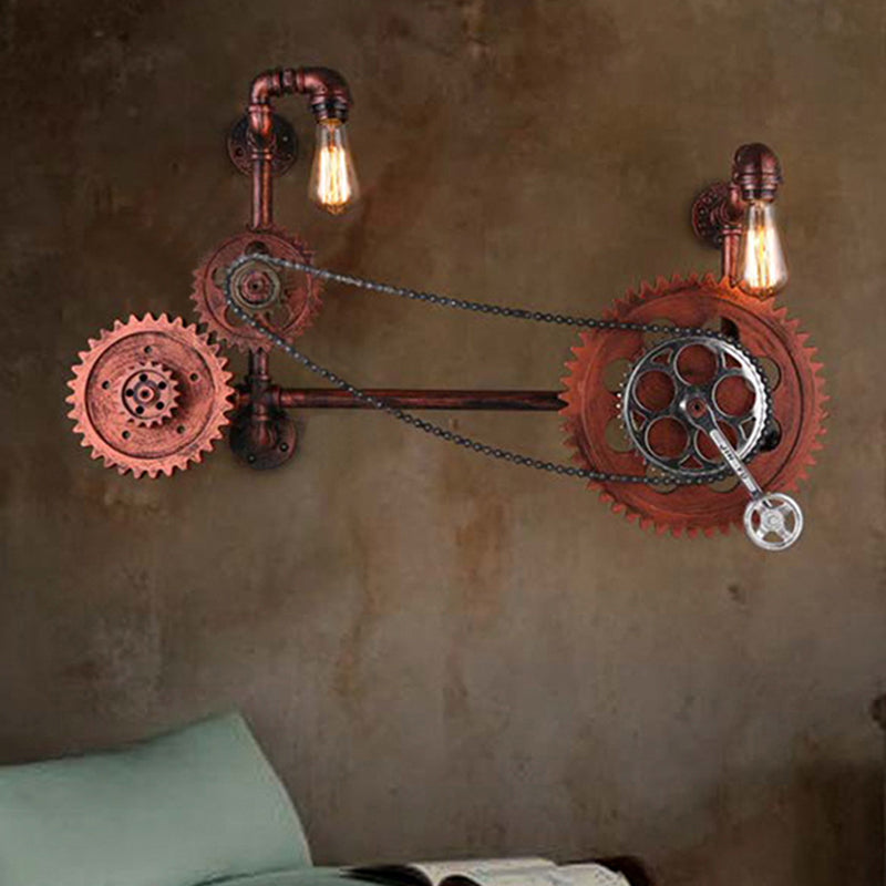 2 Lights Gear Sconce Light Fixture Vintage Weathered Copper Metal Wall Lamp