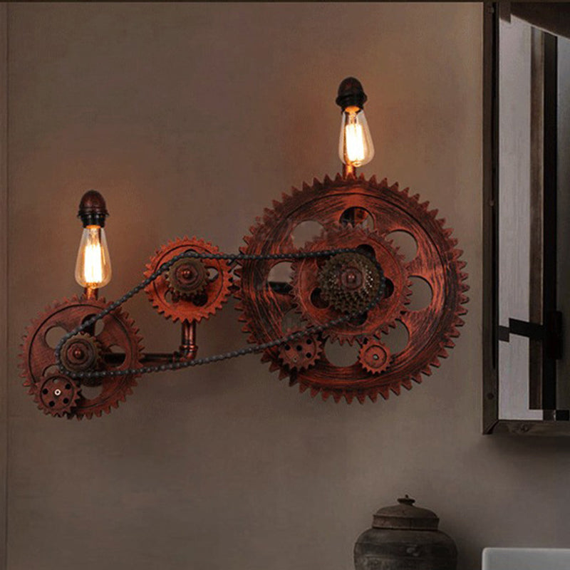 Gear Metal Sconce Industrial 2 Lights Living Room Wall Lighting Idea in Weathered Copper