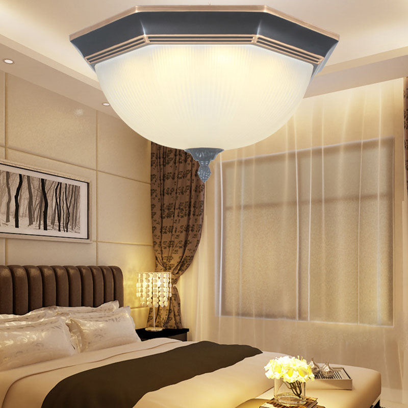 Black Octangle Flush Mount in Traditional Classic Style Wrought Iron Ceiling Light with Glass Shade