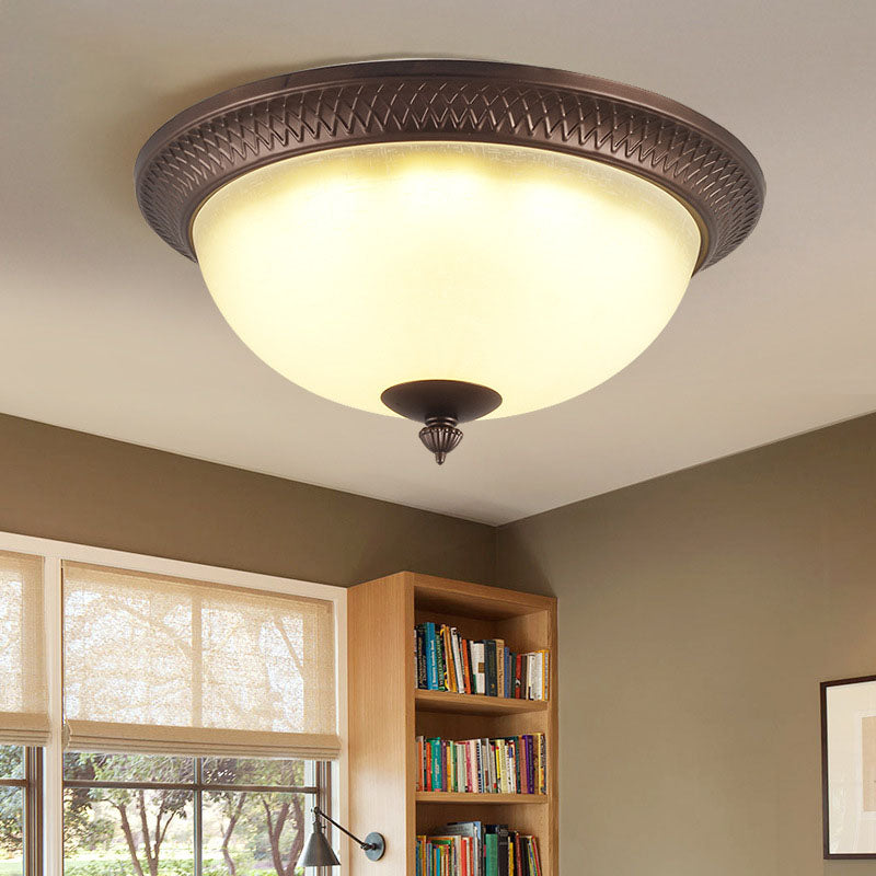 Brown Bowl Ceiling Fixture in Traditional Creative Style Wrought Iron Flush Mount with Glass Shade