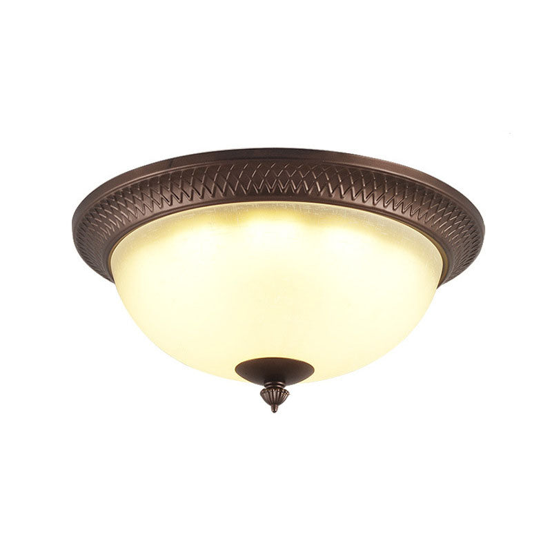 Brown Bowl Ceiling Fixture in Traditional Creative Style Wrought Iron Flush Mount with Glass Shade