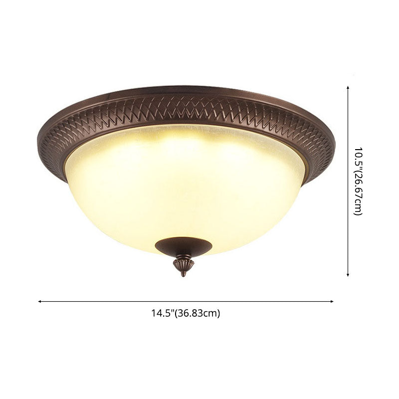 Brown Bowl Ceiling Fixture in Traditional Creative Style Wrought Iron Flush Mount with Glass Shade